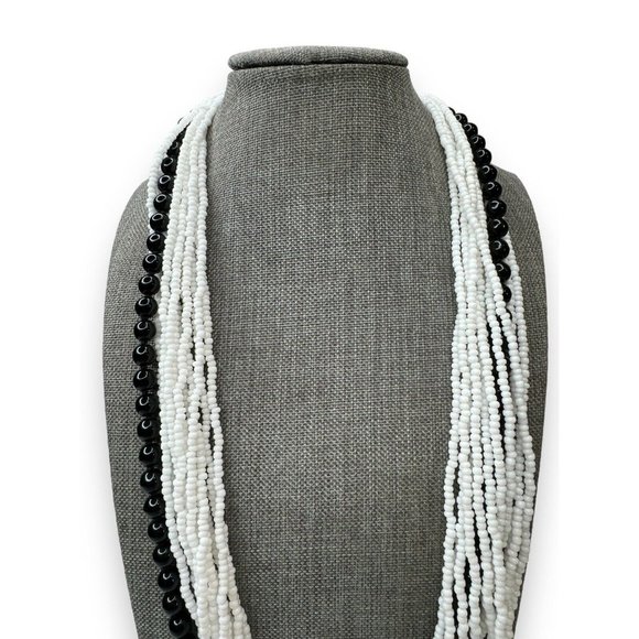Vintage Bohemian Glass Black And White Multi Strand Necklace 25” Spring Ring - Picture 3 of 6